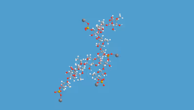 3D molecular structure model with atoms represented as colored spheres connected by bonds on a blue background.