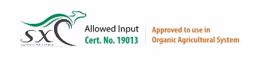 SX Organic approved certification logo with text: Allowed Input Cert. No. 19013, approved for use in Organic Agricultural System.