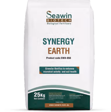 Bag of Seawin Biotech Synergy Earth biological fertilizer, 25 kg, enhancing microbial activity and soil health.