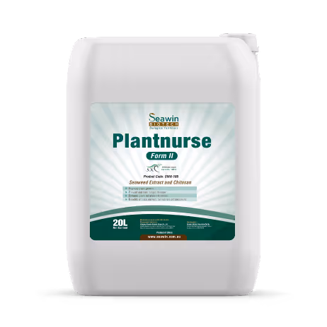 White 20L container of Seawin Plantnurse Form II seaweed extract and chitosan fertilizer.