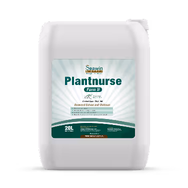 White 20-liter container of Plantnurse Form II seaweed extract and fertilizer by Seawin.