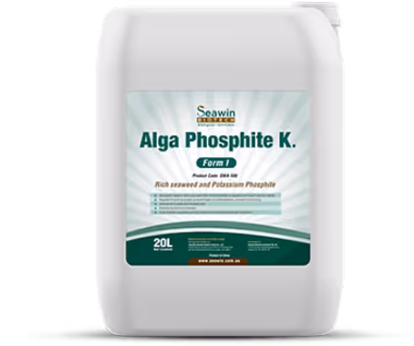 20-liter white container of Seawin Alga Phosphite K. Form I, a liquid fertilizer rich in seaweed and potassium phosphite.