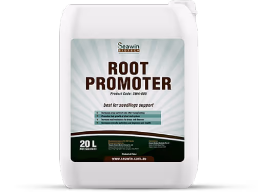 20-liter white container of Seawin Biotech Root Promoter for seedling support with product details and website URL.