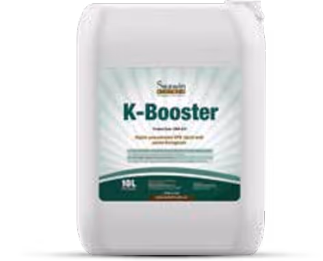 White 10-liter container of K-Booster liquid plant nutrient by Sunshine Organics.