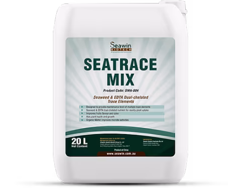 White 20L container of Seawin Biotech Seatrace Mix seaweed and EDTA trace elements fertilizer.