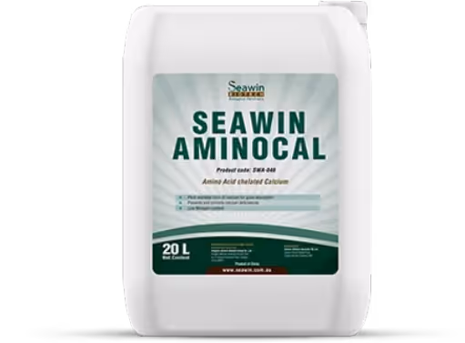 20-liter white container of Seawin Aminocal, an amino acid chelated calcium supplement.