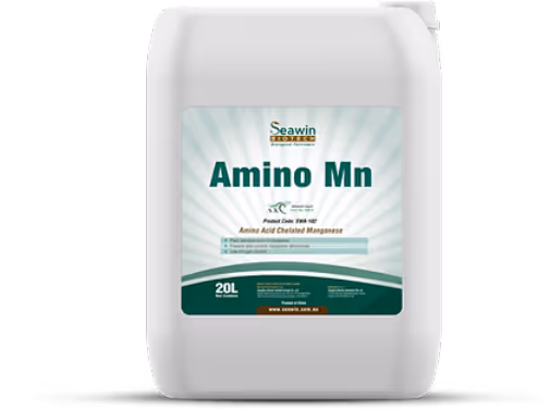 White 20-liter container of Seawin Amino Mn, an amino acid chelated manganese product for improving deficiencies and resistance.