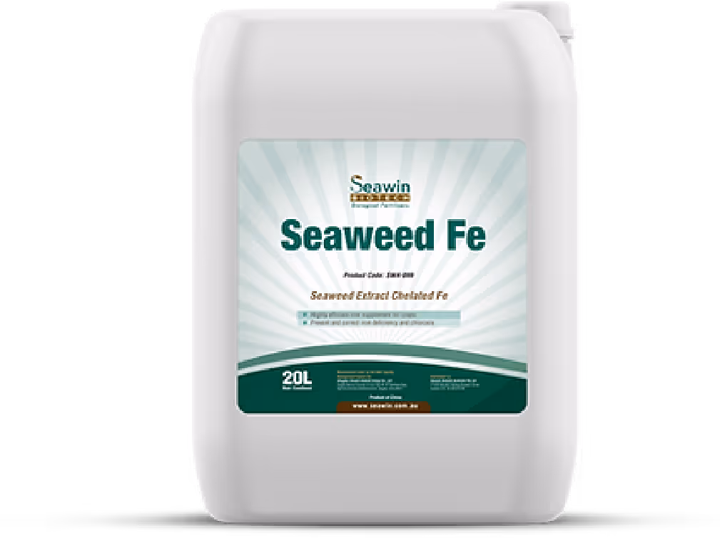 White 20L container of Seaweed Fe liquid fertilizer with label stating 'Seaweed Extract Chelated Fe'.
