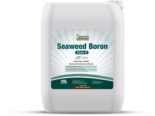 White 20-liter container labeled Seawin Seaweed Boron Form II, a seaweed extract and boron product.