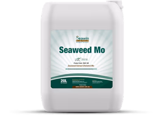 White 20L container of Seawin Seaweed Mo, a seaweed extract chelated micronutrient product.