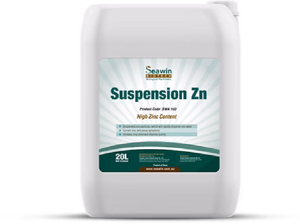 White 20L container of Seawin Suspension Zn, a high zinc content product for water treatment and algae control.