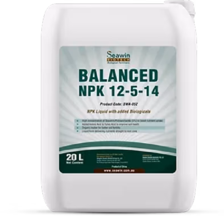 White 20-liter container of Seawin Balanced NPK 12-5-14 liquid fertilizer with added biologicals, featuring product benefits and code SWA-052.