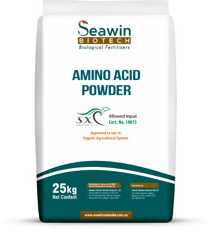 Seawin Biotech Amino Acid Powder 25kg bag for biological fertilisers, approved for organic agricultural system.
