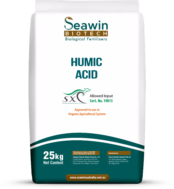 Seawin Biotech Humic Acid 25 kg bag with certification for organic agricultural use.