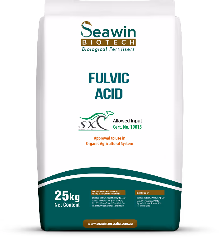Package of Seawin Biotech Fulvic Acid biological fertilizer with 25kg net content, certified for organic agricultural use.