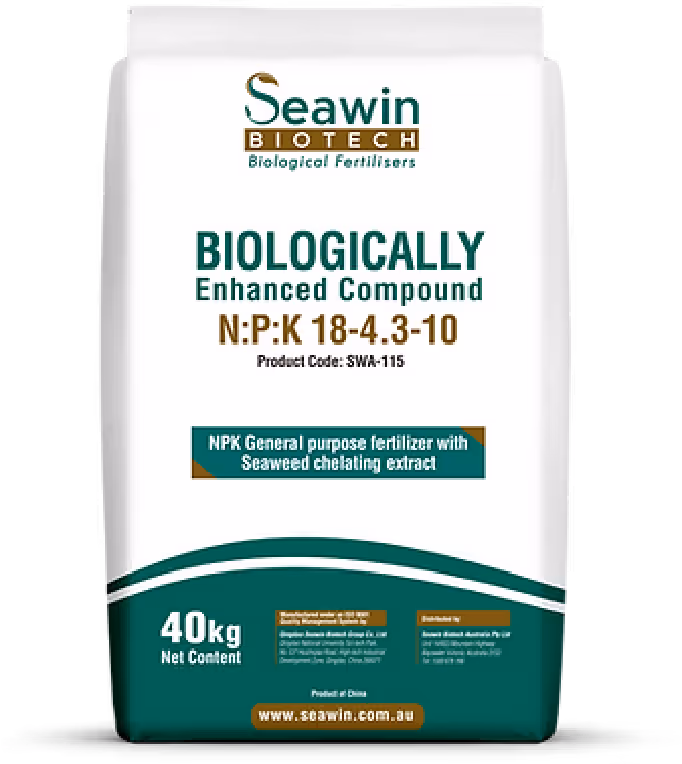 Bag of Seawin Biotech biologically enhanced compound fertilizer NPK 18-4.3-10 with seaweed chelating extract, 40 kg net content.