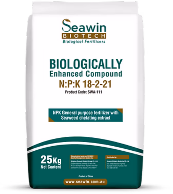 White and green bag of Seawin Biotech biologically enhanced compound fertilizer NPK 18-2-21 with 25 kg net content and seaweed chelating extract.
