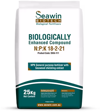 Bag of Seawin Biotech biologically enhanced compound fertilizer with NPK 18-2-21 and seaweed chelating extract, 25kg net content.