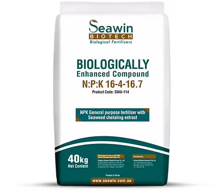 Seawin Biotech bag of biologically enhanced compound fertilizer NPK 16-4-16.7 with seaweed chelating extract, 40kg net content.