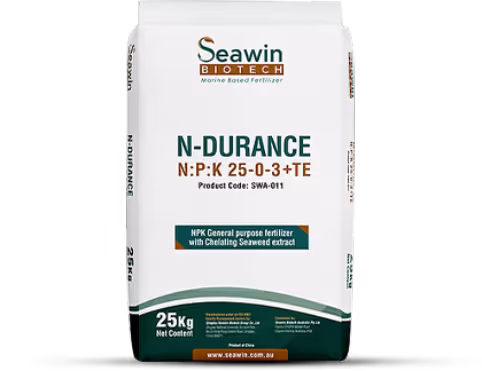 Seawin Biotech N-Durance N:P:K 25-0-3+TE marine-based fertilizer bag weighing 25 kg with chelating seaweed extract.
