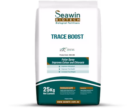25 kg bag of Seawin Biotech Trace Boost foliar spray fertilizer that improves chlorophyll, plant health, and fruit weight.