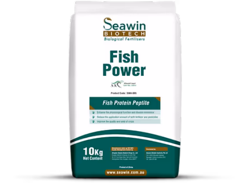 Bag of Seawin Biotech Fish Power fertilizer with 10kg net content, highlighting fish protein peptides and benefits for crops.