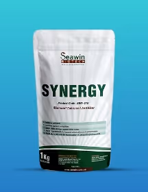White and green package of SYNERGY microbial fertilizer by Seawin, weighing 1 kg.