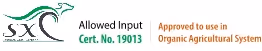 SX Certification logo with text approving use in Organic Agricultural System under Cert. No. 19013.