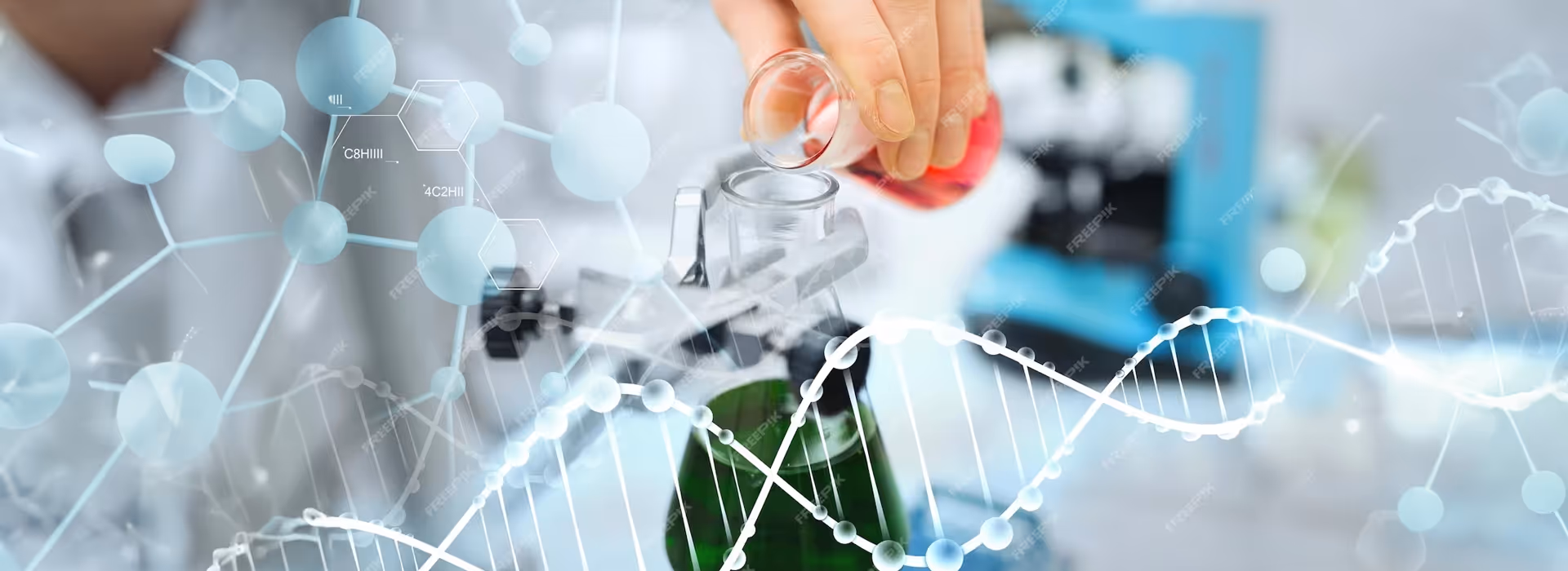 Hand pouring red liquid from a small glass container into a larger flask with scientific molecular and DNA graphics overlay.