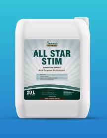 White 20L container of Seawin All Star Stim biostimulant seaweed product on blue gradient background.