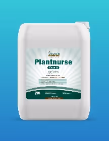 White plastic container of Seaweed Extract Plantnurse biostimulant against gradient blue background.