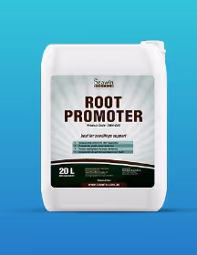 White 20L container of Seawin Root Promoter biostimulant on blue gradient background.