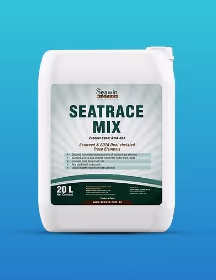 White 20L container of Seatrace Mix seaweed biostimulant with green label on blue background.