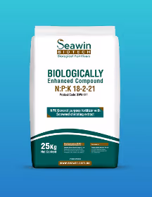 Bag of Seawin Biotech biologically enhanced compound fertilizer with NPK 18-2-21, net weight 25 kg.