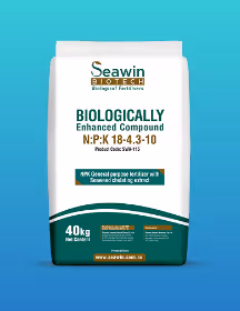 White and green bag of Seawin Biotech biologically enhanced compound fertilizer, NPK 18-4-3+10, containing seaweed extract, weighing 40kg.