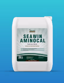White 20-liter container of Seawin Aminocal liquid fertilizer on a blue gradient background.