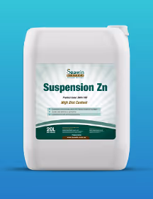 White container of Seawin Suspension Zn liquid fertilizer with high zinc content on a blue gradient background.