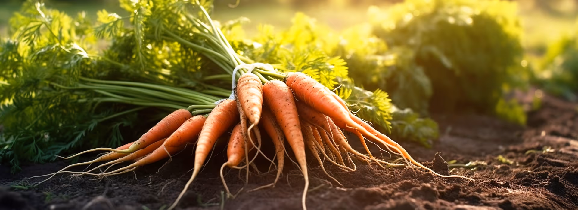 Freshly harvested bunch of carrots with green tops lying on dark soil in sunlight.