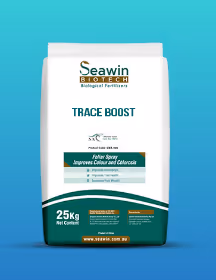Bag of Seawin Biotech Trace Boost fertilizer with 25 kg net content, promoting improved color and calcareous health.