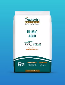 25kg bag of Seawin Biotech Humic Acid fertilizer with teal and white packaging on a blue gradient background.