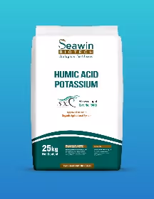 Bag of Seawin Humic Acid Potassium fertilizer with 25kg net weight on blue gradient background.