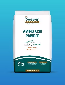 Bag of Seawin Biotech amino acid powder weighing 25kg with green and white design on blue gradient background.