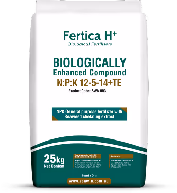 Bag of Fertica H+ biological fertilizer labeled as N:P:K 12-5-14+TE with seaweed chelating extract, 25 kg net content.