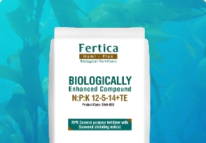 Bag of Fertica Hum-Plus biologically enhanced compound fertilizer with NPK 12-5-14+TE formulation.