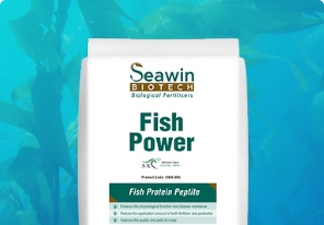 Seawin Biotech Fish Power fish protein peptide fertilizer package against a blue aquatic background.
