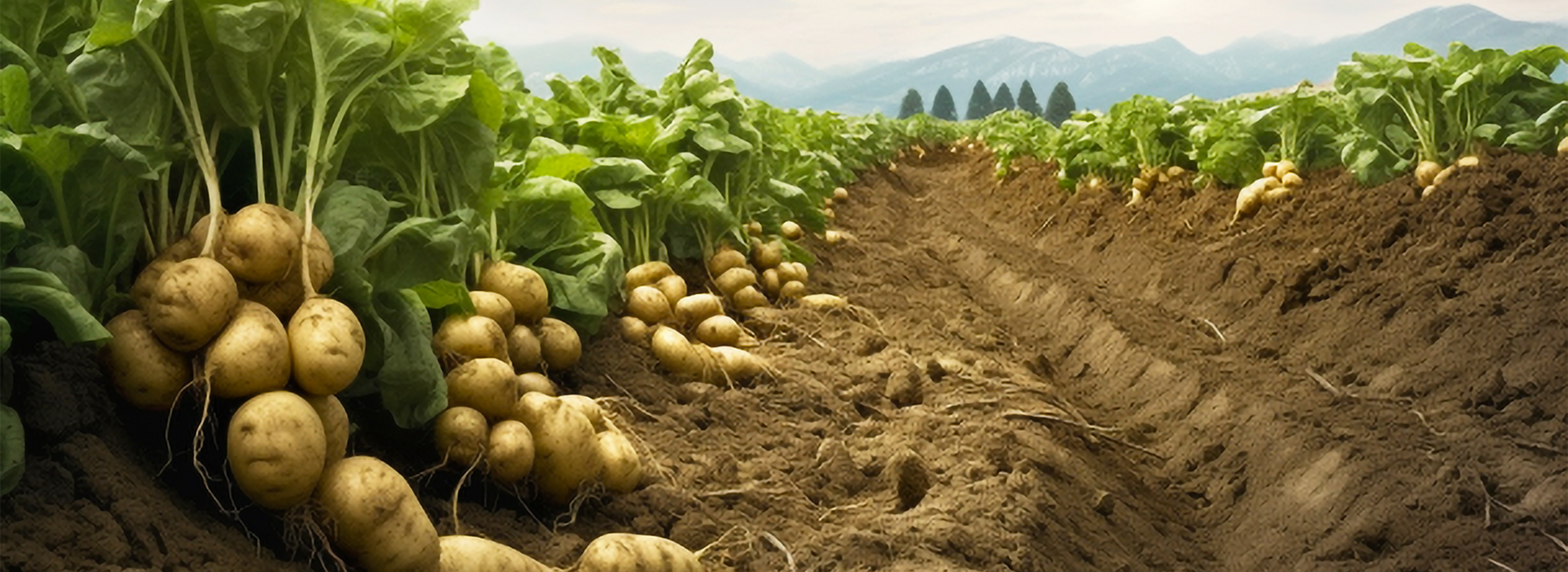 Rows of freshly harvested potatoes with green leaves on brown soil in a field with mountains in the background.