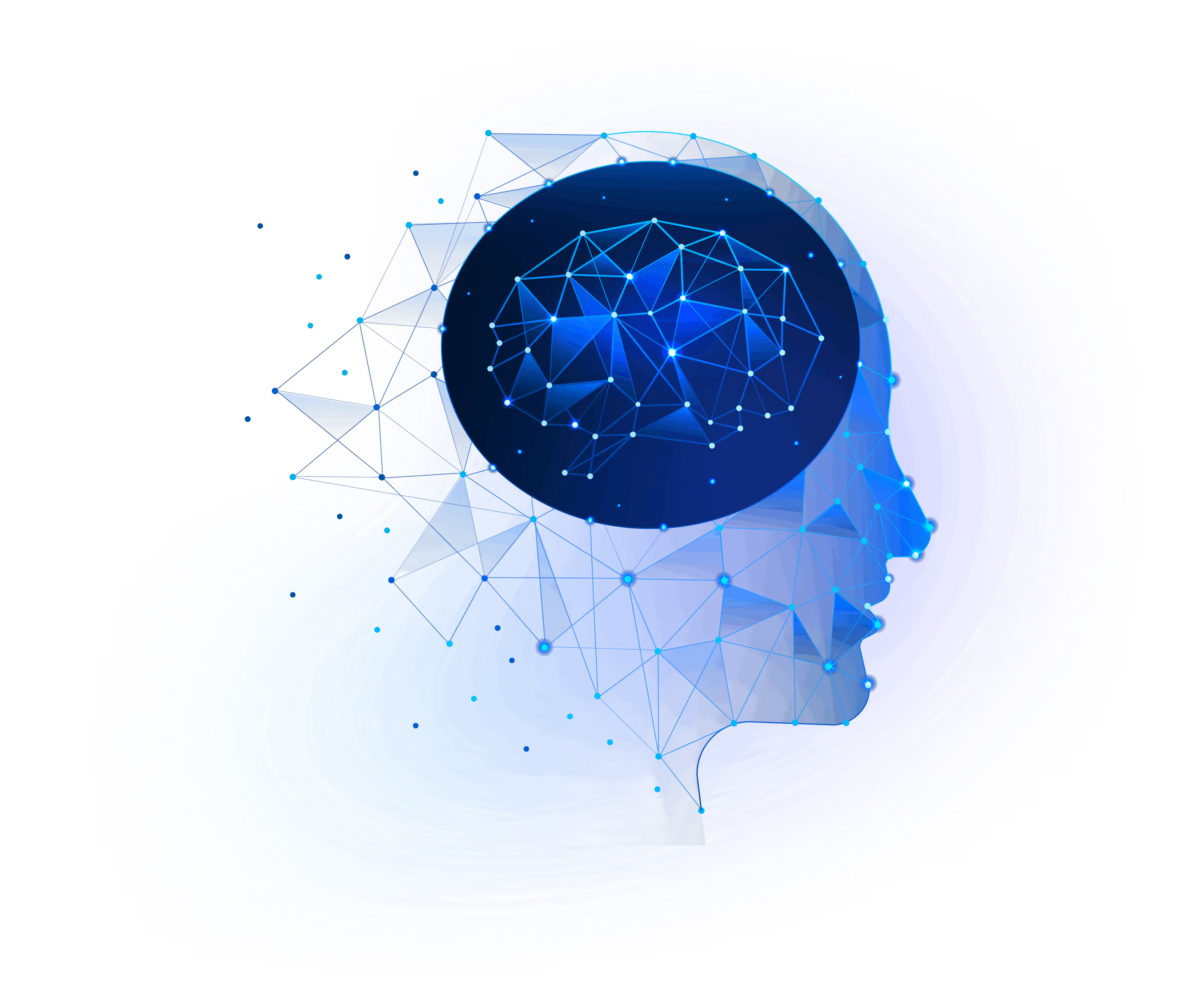 Blue digital illustration of a human head in profile with interconnected points and lines forming a network and a brain composed of geometric shapes inside.
