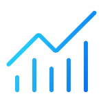 Blue bar chart with five vertical bars increasing in height from left to right and a zigzag line graph trending upward over the bars.