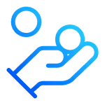 Blue gradient icon of a hand holding a person symbol above it.