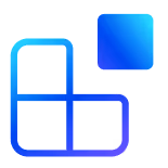 Blue and cyan gradient abstract design with three connected rounded squares and a separate rounded square in the top right on a black background.